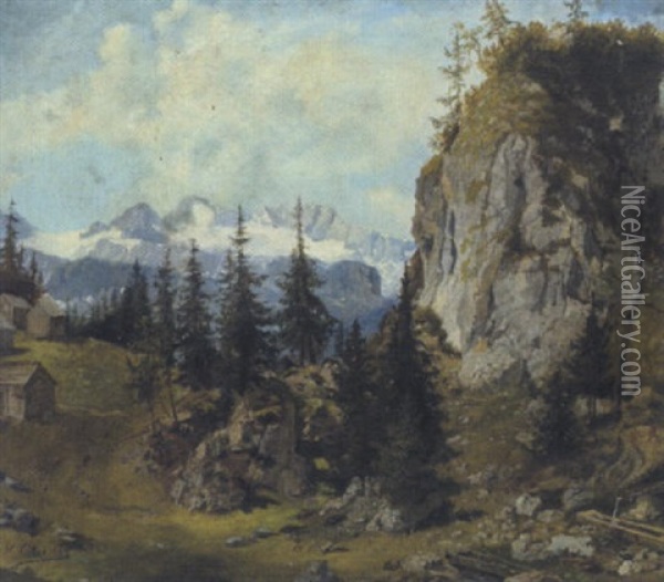 Blick Von Einer Alm Auf Schneebedeckte Berge Oil Painting - Konrad Petrides