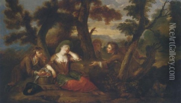 Three Boys Grabbing Apples From A Sleeping Girl Oil Painting - Philip Mercier