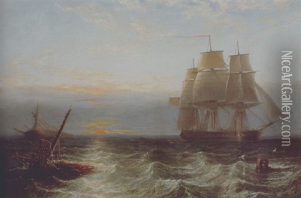 An English Warship Hove To, With A Rowing Boat Investigating A Wreck At Sunset Oil Painting - John Wilson Carmichael