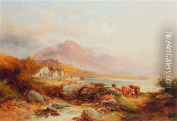 Scottish Mountain Landscape With Cattle In Foreground Oil Painting - Joseph Horlor