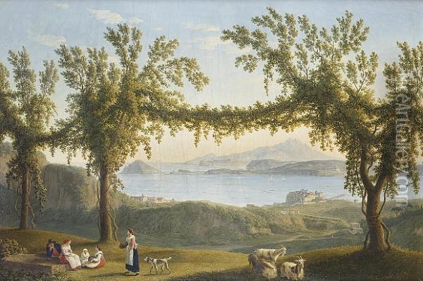 Country Folk Resting Beneath 
Vines In The Hills Above Solfatara With A View Of Ischia, Procida And 
The Bay Of Pozzuoli Beyond Oil Painting - Jacob Philipp Hackert