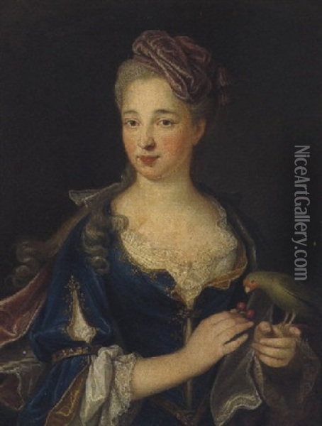 Portrat Der Dame De Chateaurenard, Die Einen Papagei Mit Kirschen Futtert Oil Painting - Joseph Cellony