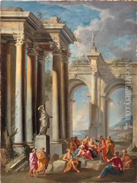 Architectural Capriccio With Saint Paul Preaching Oil Painting - Alberto Carlieri