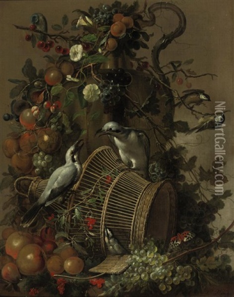 Two Loggerhead Shrikes On A Reed Cage, Apples, Peaches, Grapes, Pears, Red Berries And Cherries Together With Flowers Hanging From A Vase Oil Painting - Jacobus Vonck