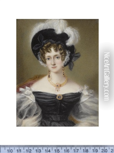 A Lady, Called Mrs Trevor, Wearing Black Decollete Dress With Sheer Bouffant Sleeves And White Ribbons And Lace To Her Shoulders, Her Multi-stranded Gold Necklace Set With A Jewelled Pendant Oil Painting - Maria A. Chalon