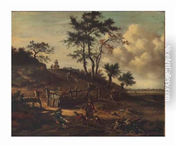 An Extensive Landscape With Falconers And Dogs On A Path Oil Painting - Jan Wijnants