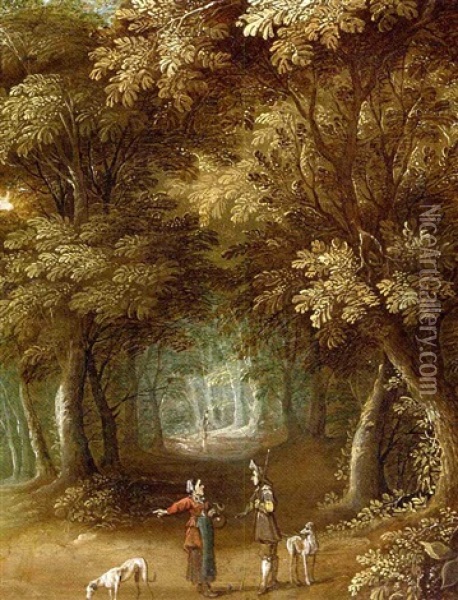 A Wooded Landscape With Travellers On A Path Oil Painting - Jasper van der Laanen