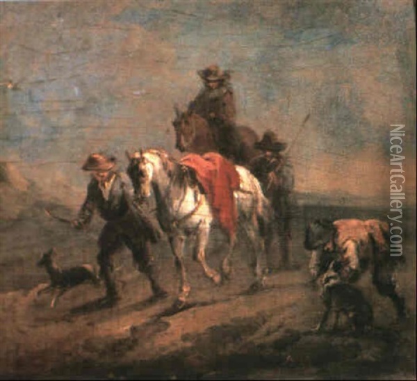 A Man Leading A Horse With His Companion Riding Behind      Accompanied By A Drover And Dogs Oil Painting - August Querfurt