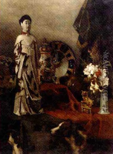Still Life With An Arita Figure Of Bijin Oil Painting - Louis A. Dubois