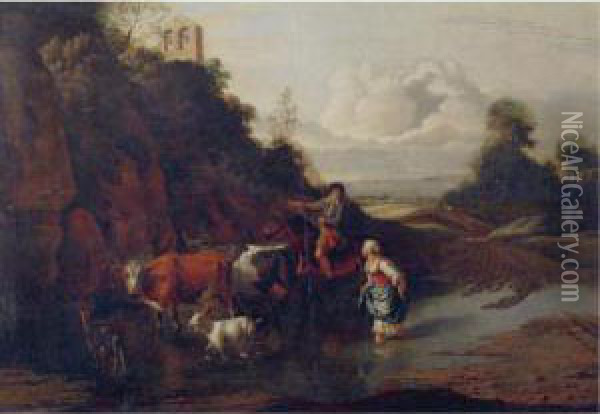 Landscape With A Peasant Girl And Man On Horseback Fording A Stream With Cattle And Goats Oil Painting - Jan Siberechts