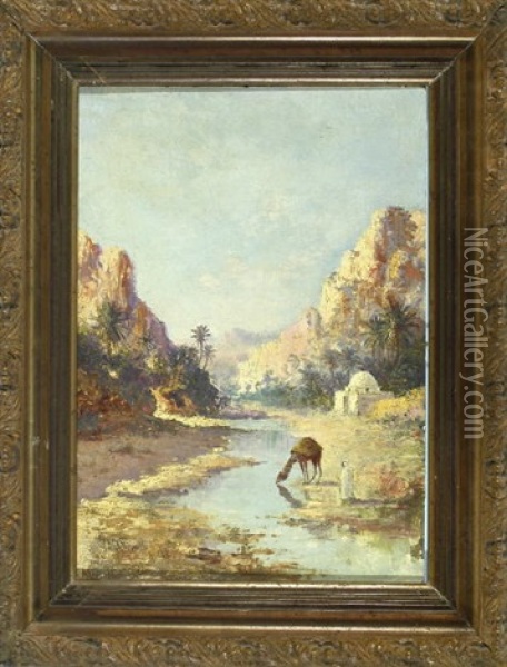Orientale Mit Dromedar Am Fluss Oil Painting - Leopold Alphons Mielich