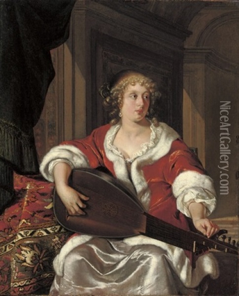 A Lady Tuning A Luth Theorbe Oil Painting - Eglon Hendrik van der Neer