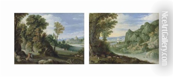A Wooded Landscape With Hercules And Cacus; And A Mountainous River Landscape With The Prodigal Son (2 Works) Oil Painting - David Ryckaert the Younger