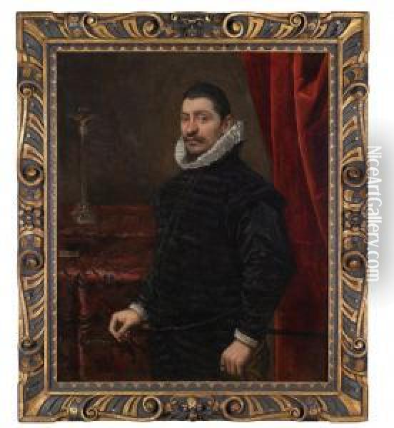 Ritratto Di Gentiluomo In Abito Nero Con Gorgiera Davanti Ad Una Croce Oil Painting - Domenico Tintoretto