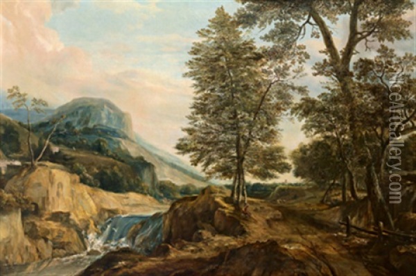 Weite Gebirgslandschaft Mit Einem Sturzbach, Hirt Und Herde Oil Painting - Roelant Roghman