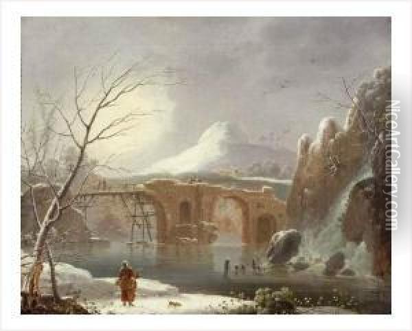 Paysage De Neige Avec Un Pont En Ruine Oil Painting - Jules Cesar Denis van Loo