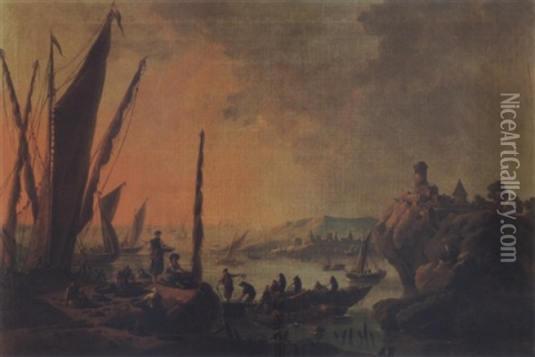 A Rocky Mediterrenean Coastal Landscape At Dusk With Fishermen Drawing Their Nets And Figures Laying Out Their Catch Oil Painting - Jean Baptiste Pillement