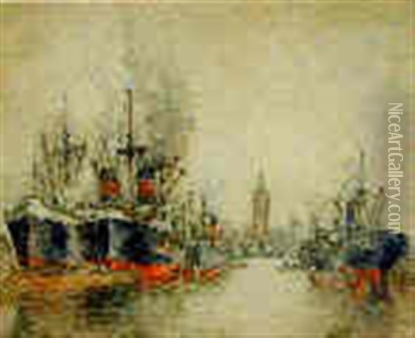 Barques Au Bord De Riviere Oil Painting - Eugene Auguste Francois Deully
