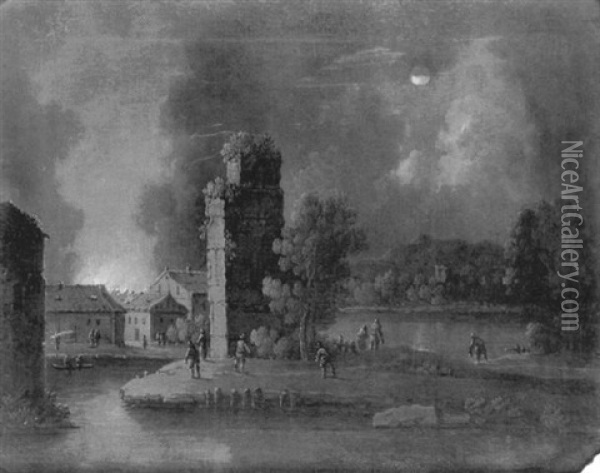 Incendie D'une Ville Pres D'une Riviere Au Clair De Lune Oil Painting - Peter Von Bemmel