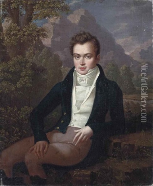 Portrait Of A Gentleman, Three-quarter-length, Seated, In A Blue Coat And White Waistcoat, In A Landscape, A Mountain Range Beyond Oil Painting - Joseph Oleszkiewitsch