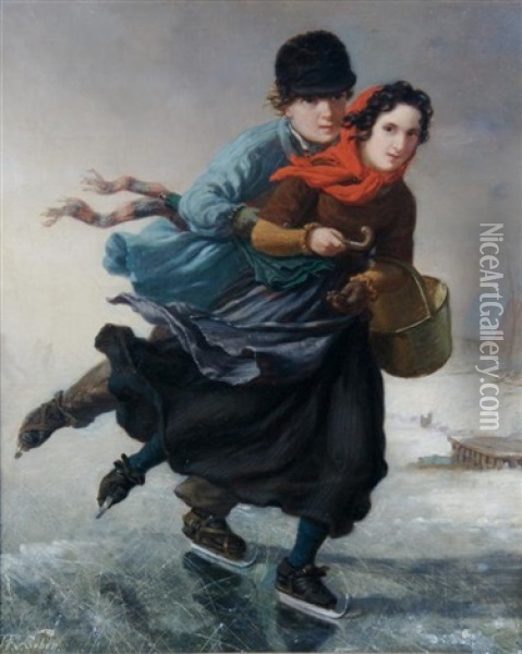 Ice Skating Couple Oil Painting - Henri van Seben