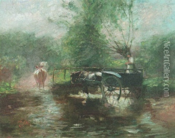 Crossing The Ford Oil Painting - Harry Fidler