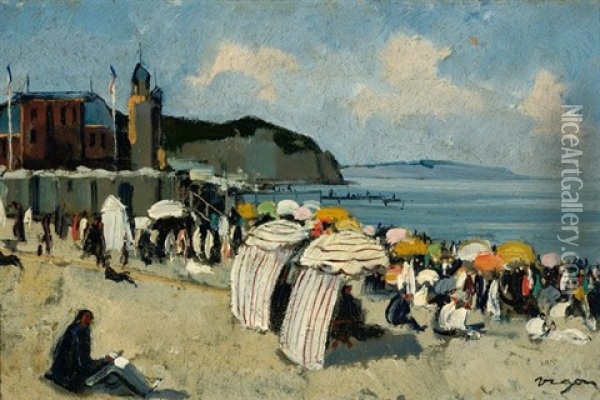 A Multitude Of Figures On The Beach Of Dieppe Oil Painting - Auguste Maillet Rigon