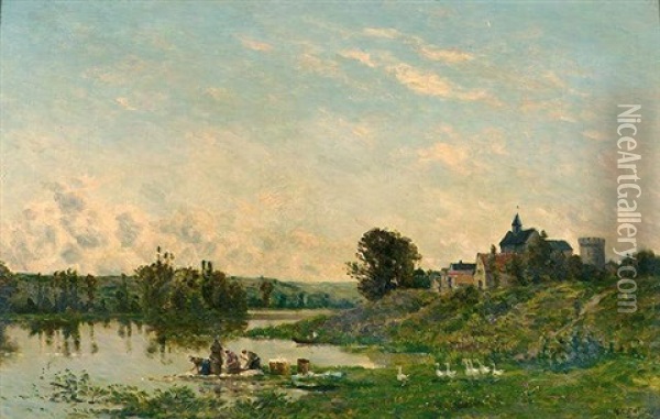 Washerwomen By The Lake Oil Painting - Hippolyte Camille Delpy