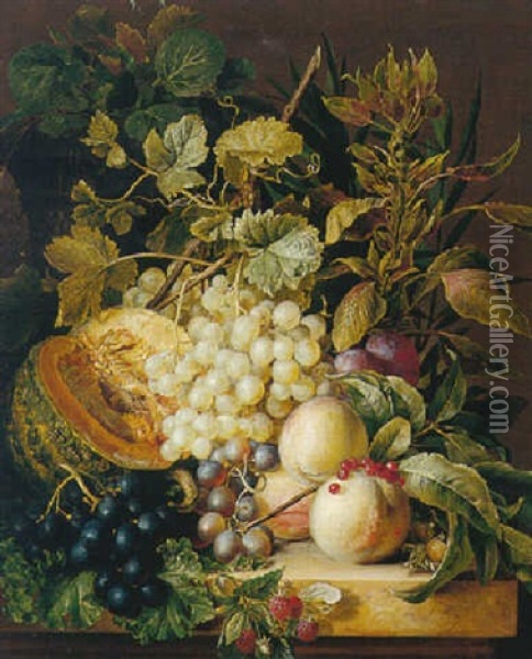 Still Life Of Grapes, Peaches, Plums And Other Fruit, All On A Marble Bench Oil Painting - Anton Weiss