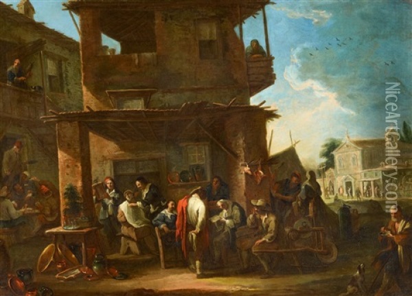 A Village Market Scene Oil Painting - Pietro Domenico Oliviero