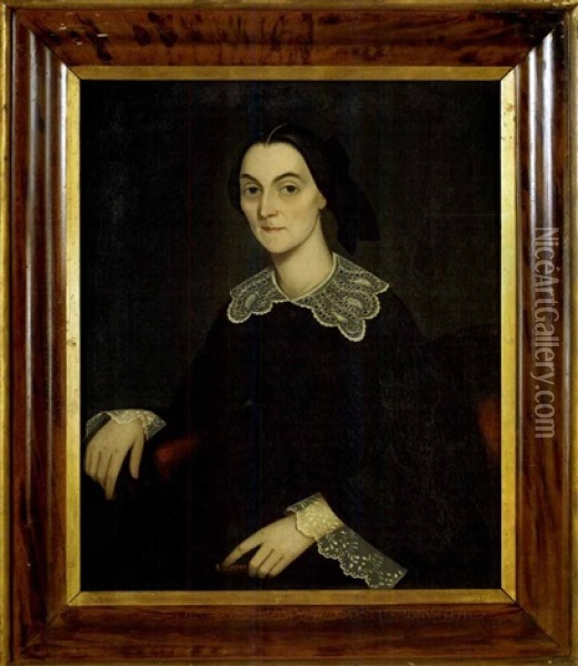 Portrait Of Young Woman With Lacy Collar And Cuffs, Seated In Red Scroll Arm Chair Holding A Book Oil Painting - Ammi Phillips