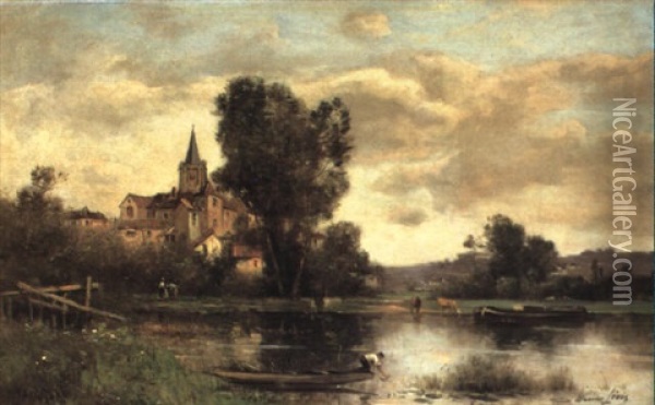 Figure In A Punt On A River With View Of Village Beyond Oil Painting - Maurice Levis