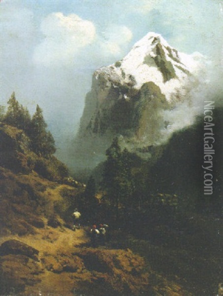 Figures In An Alpine Landscape Oil Painting - Charles Hoguet