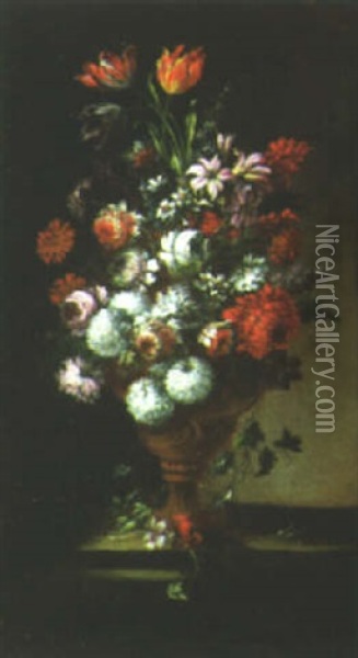 A Still Life Of Flowers In A Small Urn Oil Painting - Gasparo Lopez