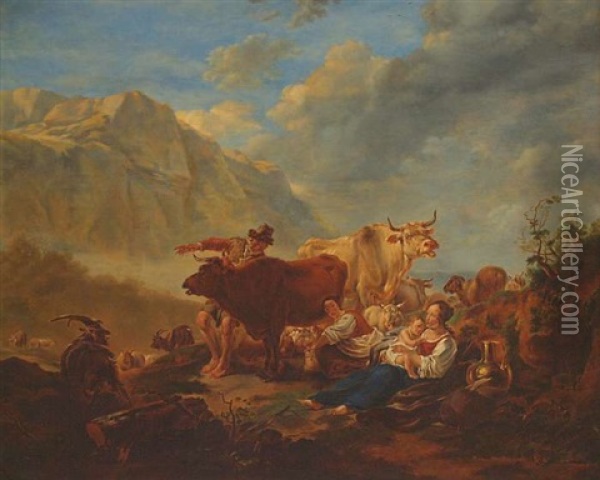 Familie Mit Weidevieh Auf Der Hochalm Oil Painting - Edmund Mahlknecht