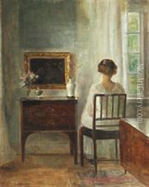 Interior With A Young Woman By The Window Oil Painting - Carl Vilhelm Holsoe