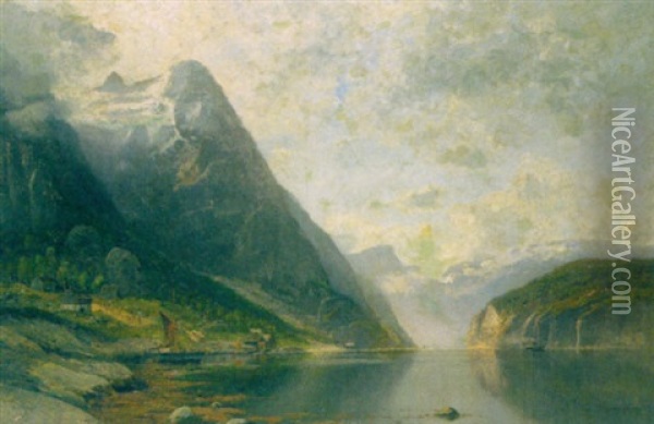 Norwegischer Fjordlandschaft Oil Painting - Adolf Gustav Schweitzer