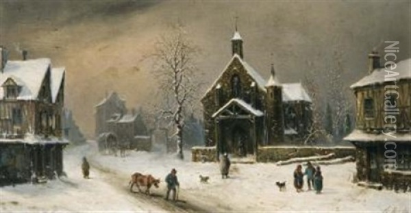 Town Square In Winter Oil Painting - Louis-Claude Malbranche