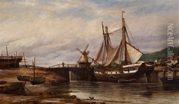 View Of A River With Ships At A Lock Oil Painting - Richard Henry Nibbs