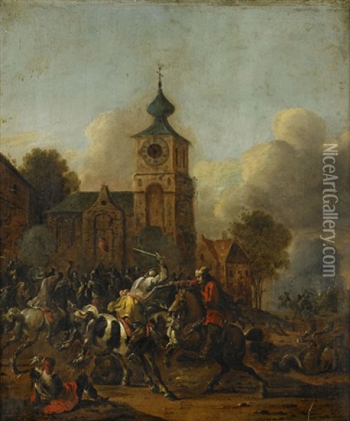 Batalj Vid En Kyrka Oil Painting - Simon Johannes van Douw