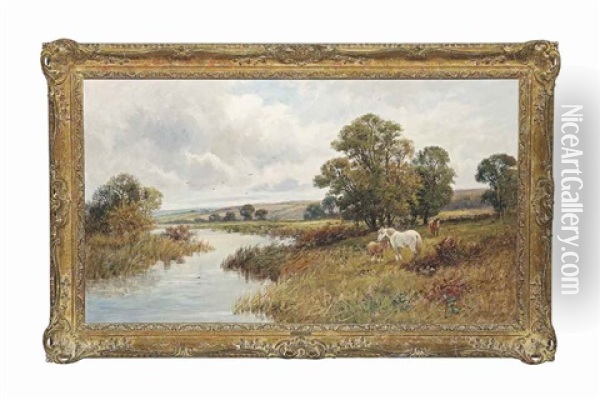 A Mare And Foals Grazing By A River Oil Painting - Robert Gallon