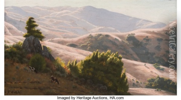 Cattle Grazing In Sunlit Hills Oil Painting - Ludmilla Pilat Welch