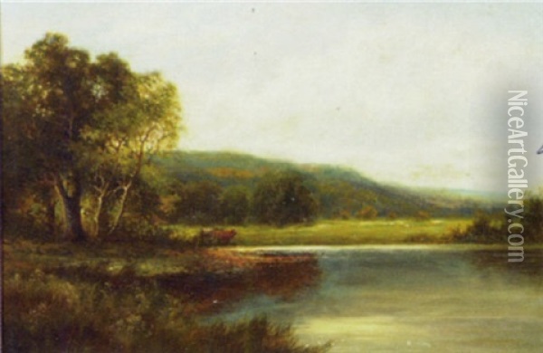 Cattle By A Loch Oil Painting - William Langley