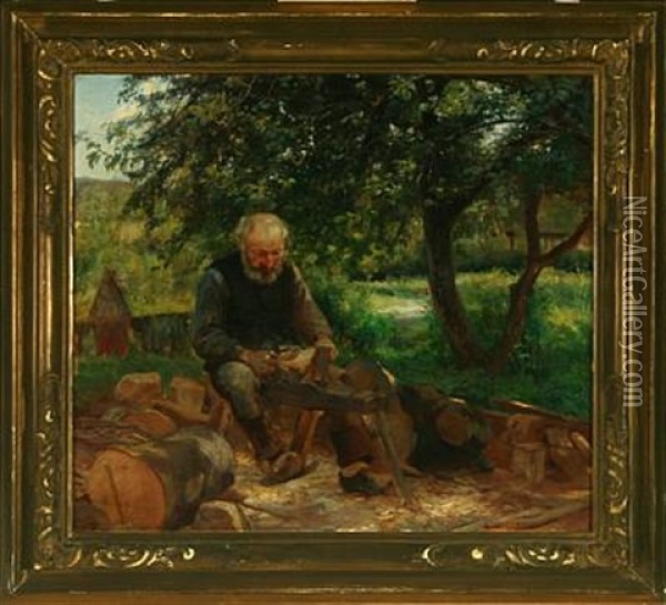 Garden Exterior With A Bootmaker At Work Oil Painting - Knud Erik Larsen