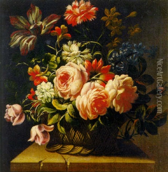 Rose E Altri Fiori In Un Cesto Di Vimini, Su Un Piano Di Pietra Oil Painting - Giuseppe Recco