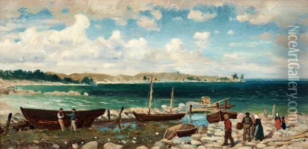 Coastal Landscape With Harbour Oil Painting - Johan Erik Ericson