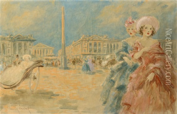 Elegantes Devant La Place De La Concorde Oil Painting - Louis Icart