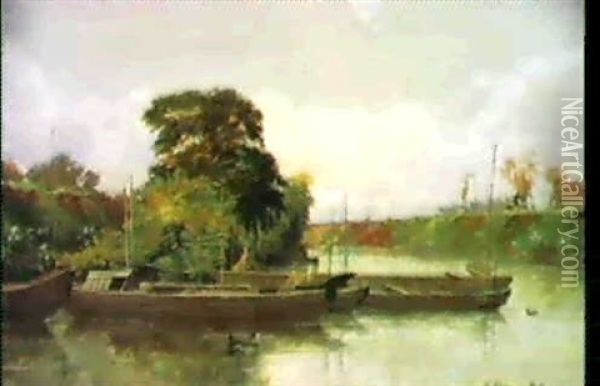 Landscape With Boats Moored By A Riverbank Oil Painting - Oka Seiichi
