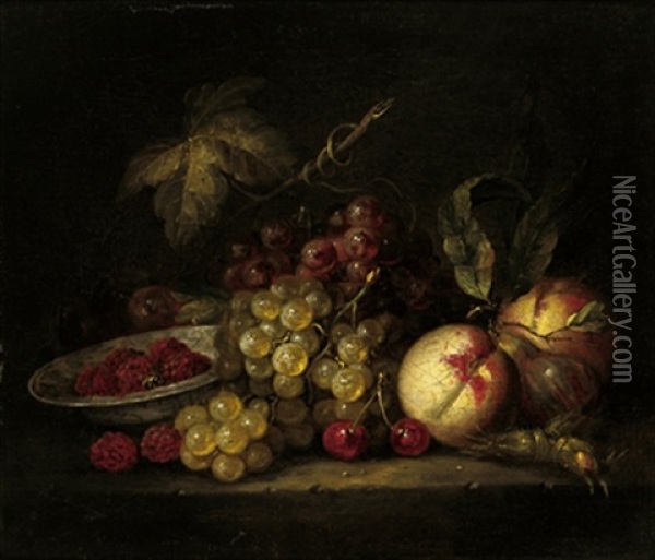 Stillleben Mit Himbeeren, Weintrauben, Kirschen Und Pfirsichen Oil Painting - Gerard Goswin