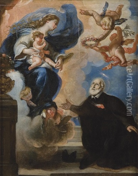 Aparicion De La Virgen Maria Con El Nino Jesus A San Felipe Neri, Fundador De La Congregacion Del Oratorio Oil Painting - Francisco Ignacio Ruiz de la Iglesia